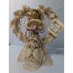 Vintage Homemade Lace Angel Corn Husk Country Crochet Figurine 6.5"